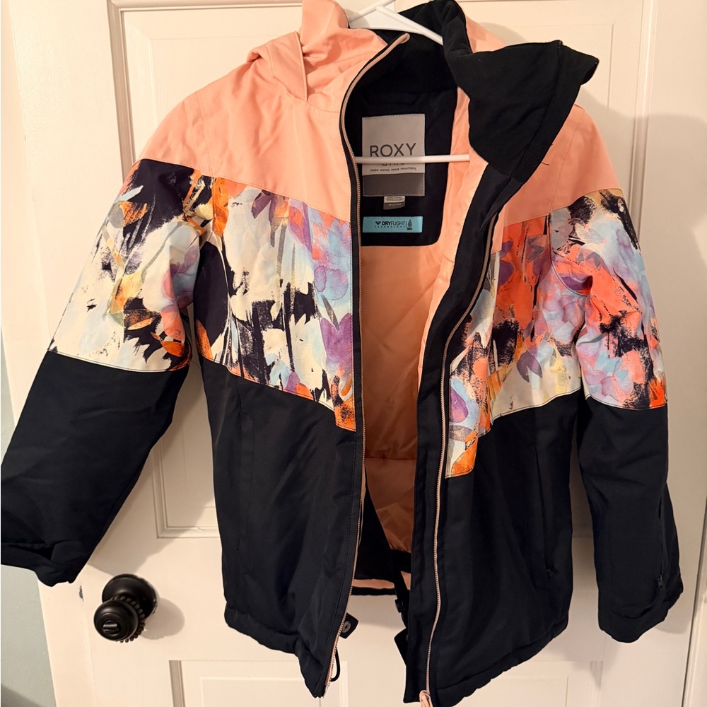 Roxy Kids Jacket in Peach and Navy with Floral Accents